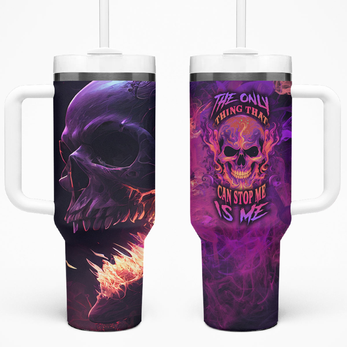 Fire Skull Tumbler With Handle The Only Thing That Can Stop Me Is Me - Wonder Print Shop