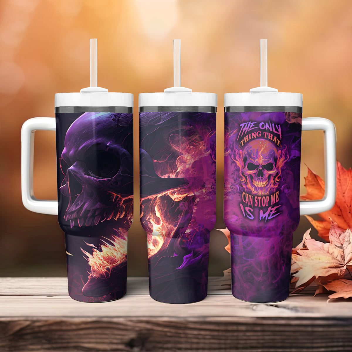 Fire Skull Tumbler With Handle The Only Thing That Can Stop Me Is Me - Wonder Print Shop