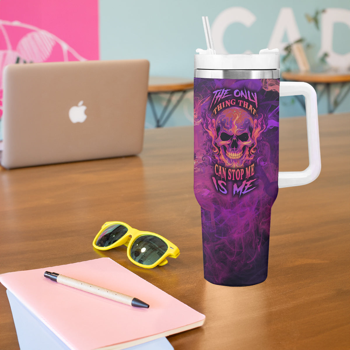 Fire Skull Tumbler With Handle The Only Thing That Can Stop Me Is Me - Wonder Print Shop