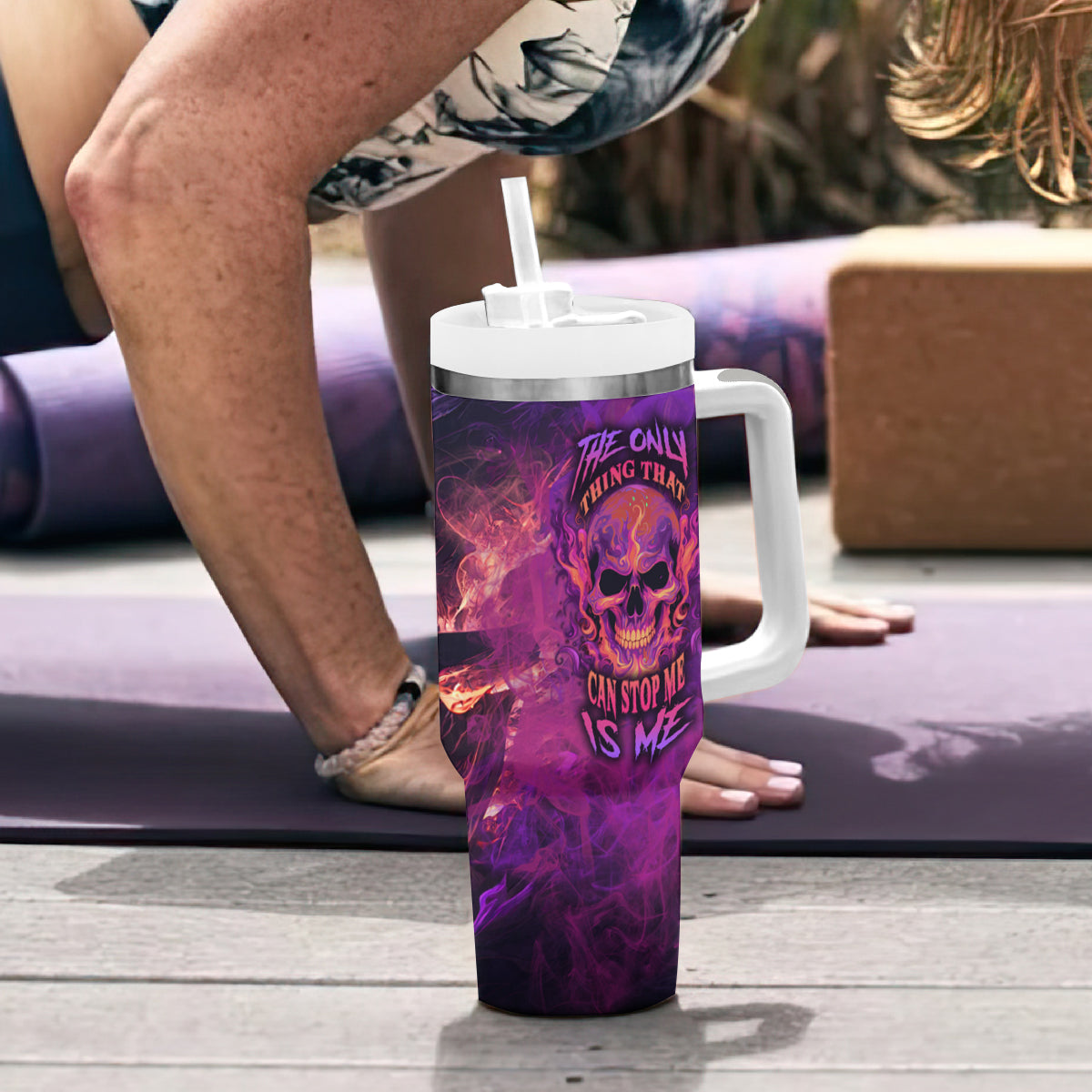 Fire Skull Tumbler With Handle The Only Thing That Can Stop Me Is Me - Wonder Print Shop