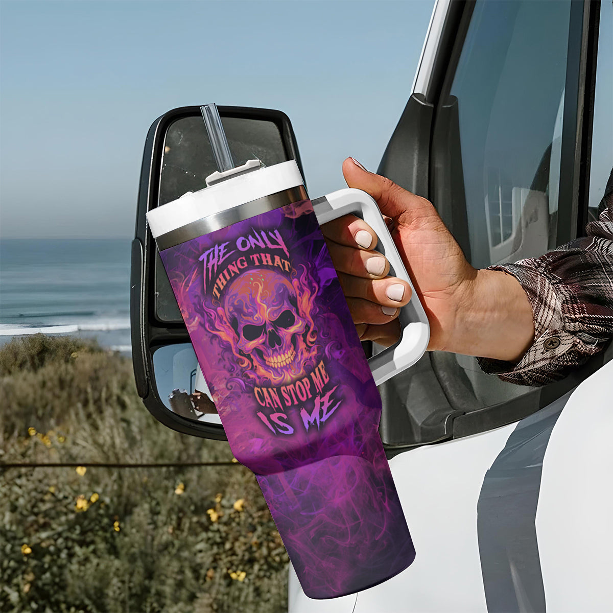 Fire Skull Tumbler With Handle The Only Thing That Can Stop Me Is Me - Wonder Print Shop