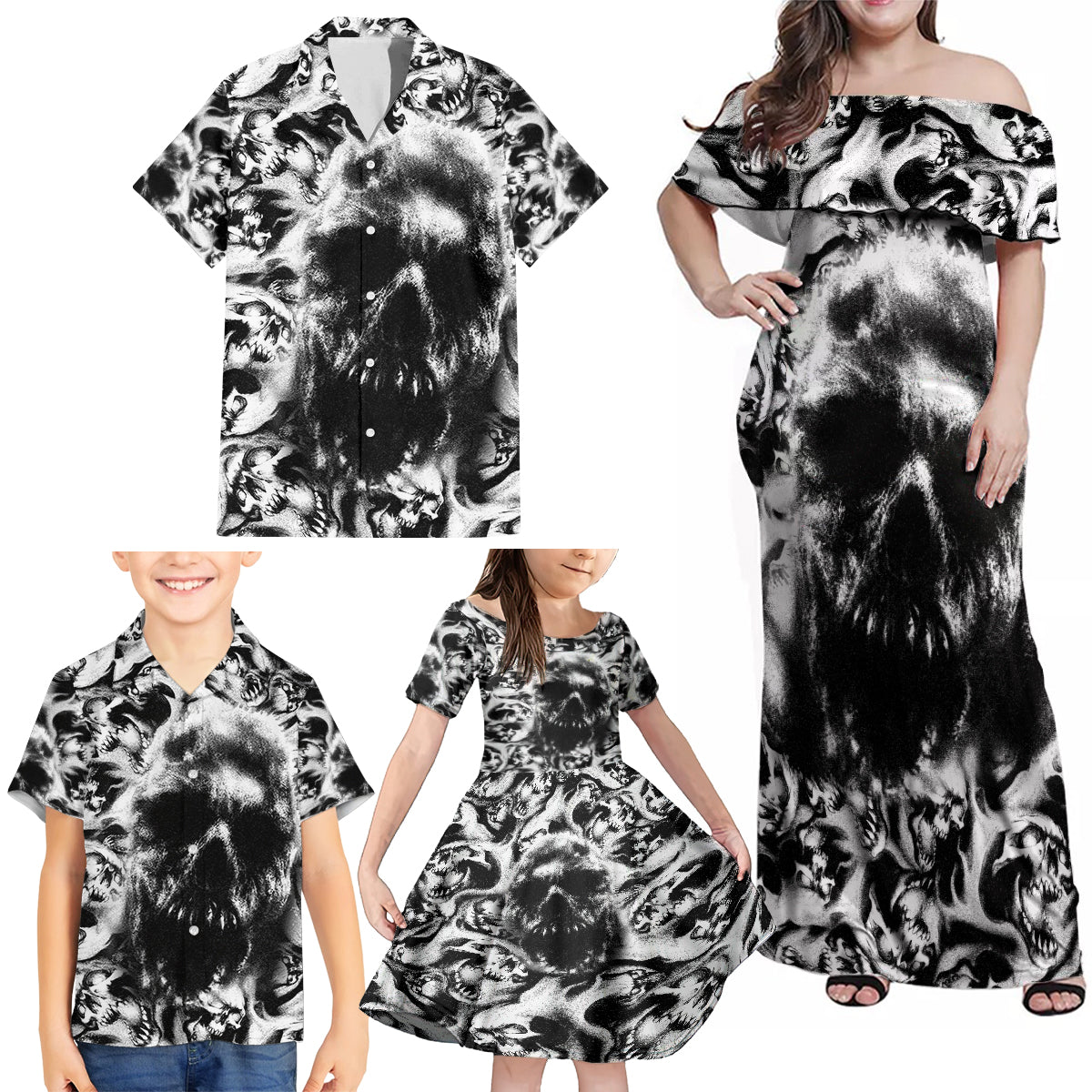 Skull Family Matching Off Shoulder Maxi Dress and Hawaiian Shirt Inequitable Spirit - Wonder Print Shop