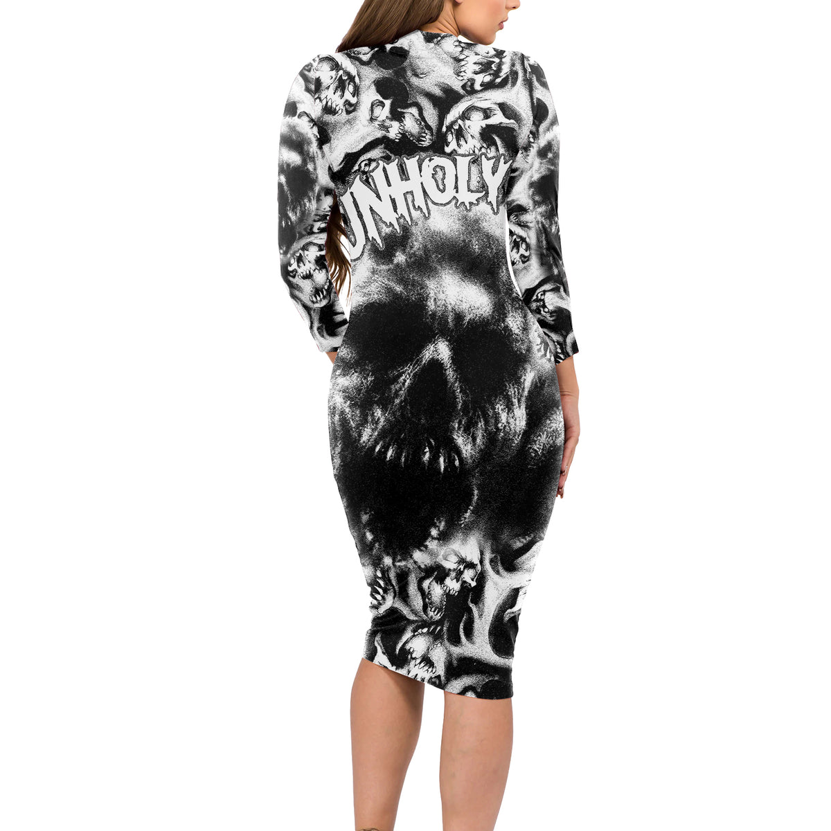 Skull Long Sleeve Bodycon Dress Inequitable Spirit - Wonder Print Shop