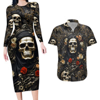 Skull Roses Couples Matching Long Sleeve Bodycon Dress and Hawaiian Shirt Never Say Die - Wonder Print Shop