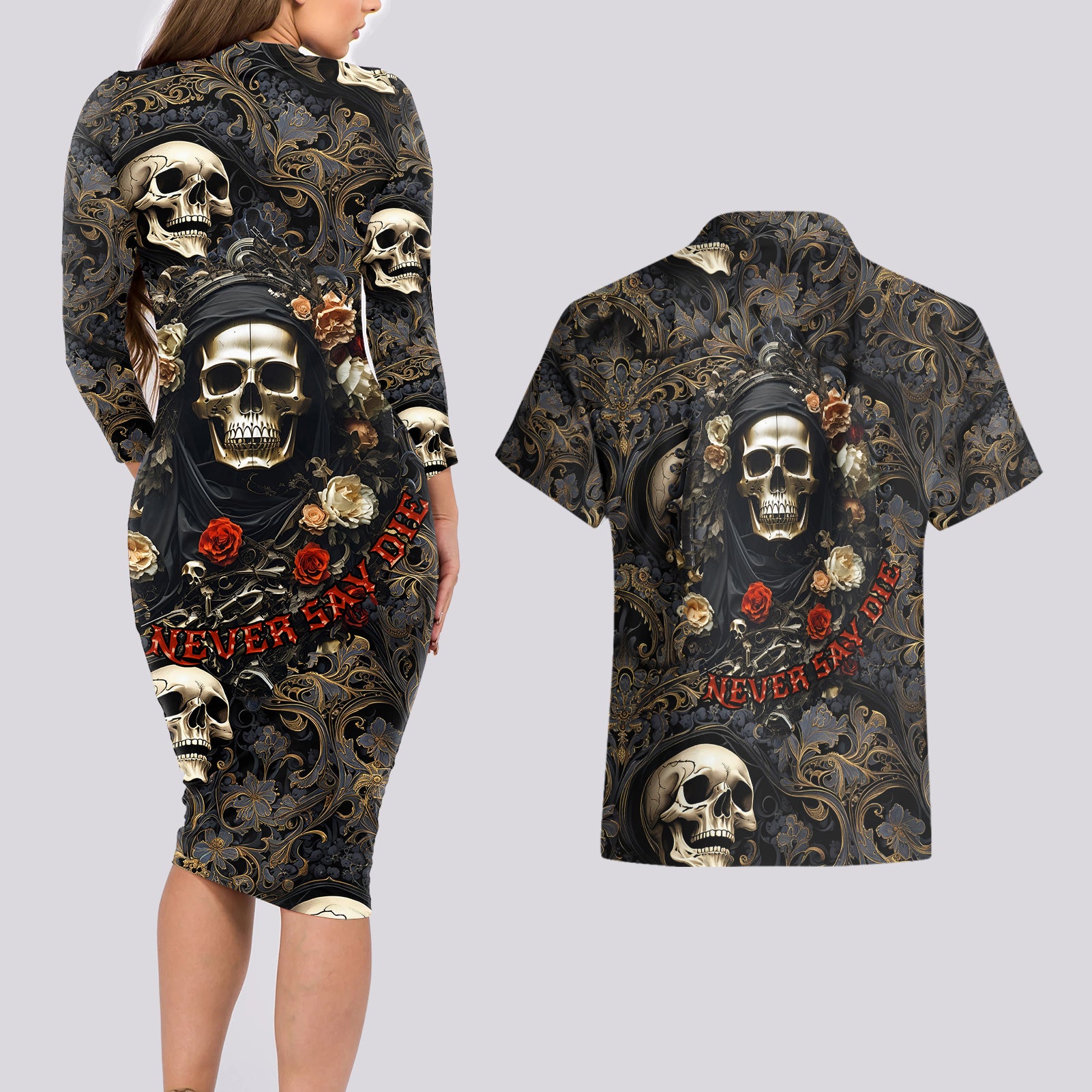 Skull Roses Couples Matching Long Sleeve Bodycon Dress and Hawaiian Shirt Never Say Die - Wonder Print Shop