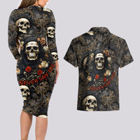 Skull Roses Couples Matching Long Sleeve Bodycon Dress and Hawaiian Shirt Never Say Die - Wonder Print Shop