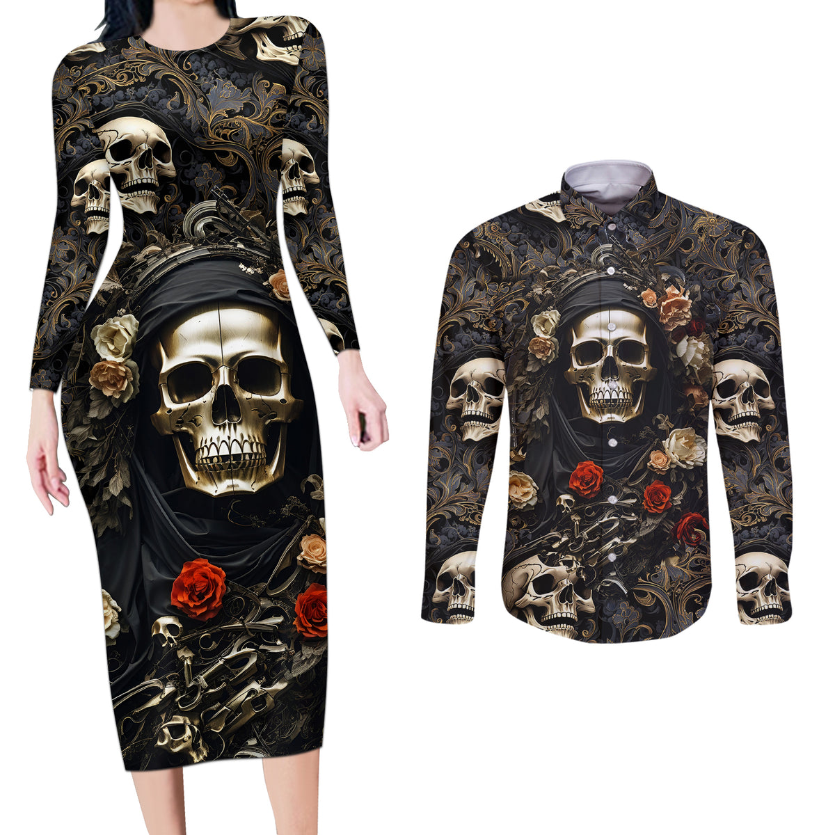 Skull Roses Couples Matching Long Sleeve Bodycon Dress and Long Sleeve Button Shirts Never Say Die - Wonder Print Shop