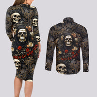 Skull Roses Couples Matching Long Sleeve Bodycon Dress and Long Sleeve Button Shirts Never Say Die - Wonder Print Shop