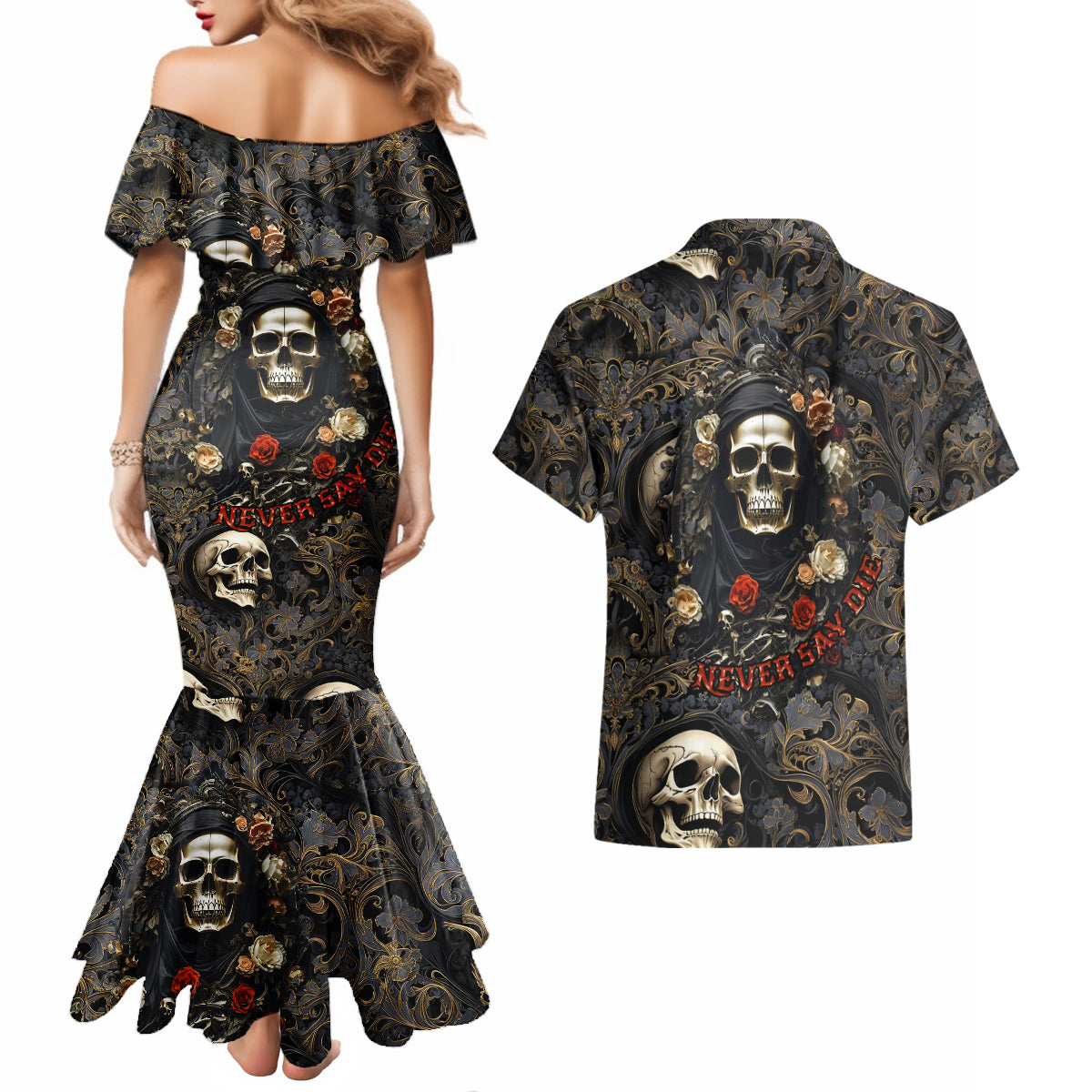 Skull Roses Couples Matching Mermaid Dress and Hawaiian Shirt Never Say Die - Wonder Print Shop