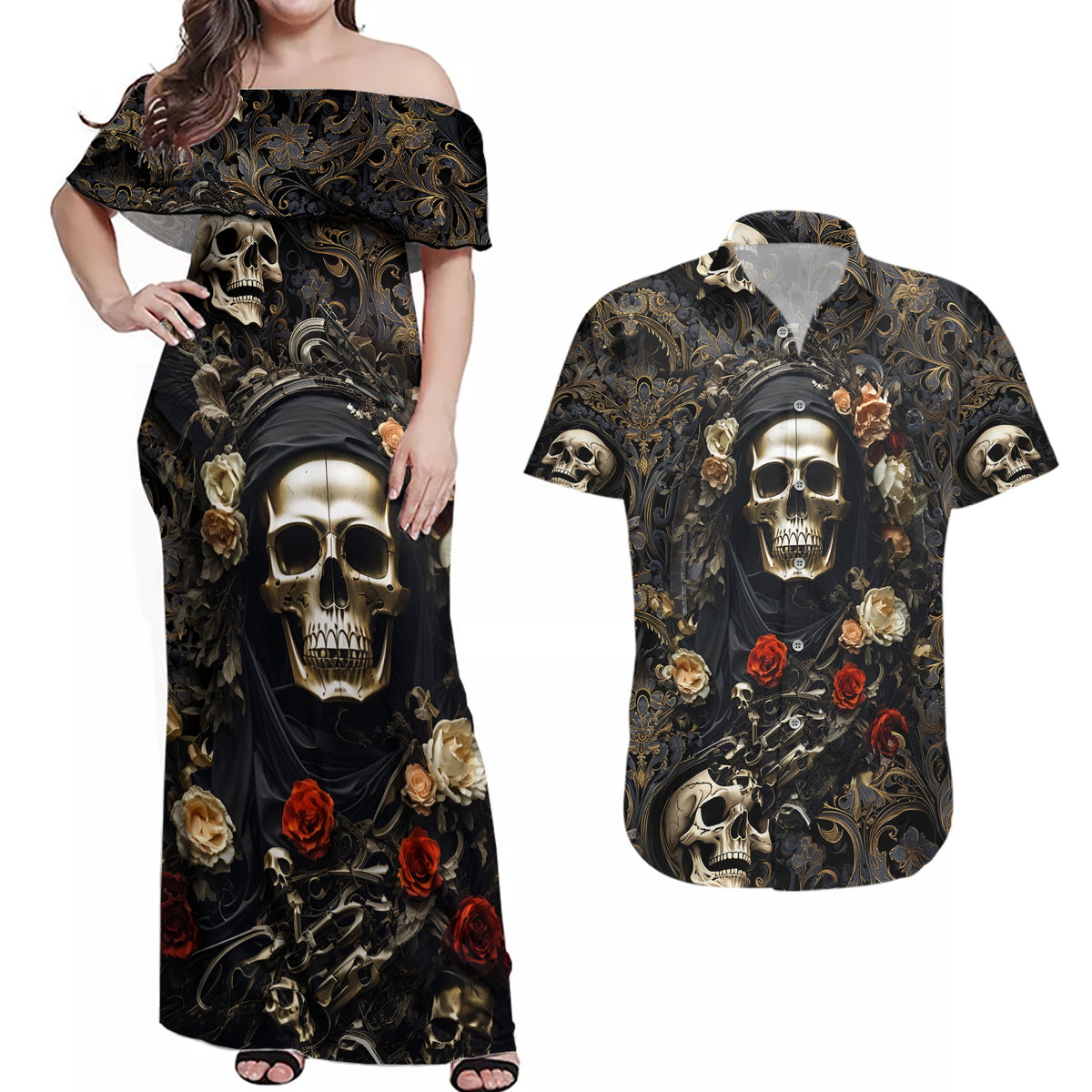 Skull Roses Couples Matching Off Shoulder Maxi Dress and Hawaiian Shirt Never Say Die - Wonder Print Shop