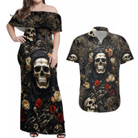 Skull Roses Couples Matching Off Shoulder Maxi Dress and Hawaiian Shirt Never Say Die - Wonder Print Shop