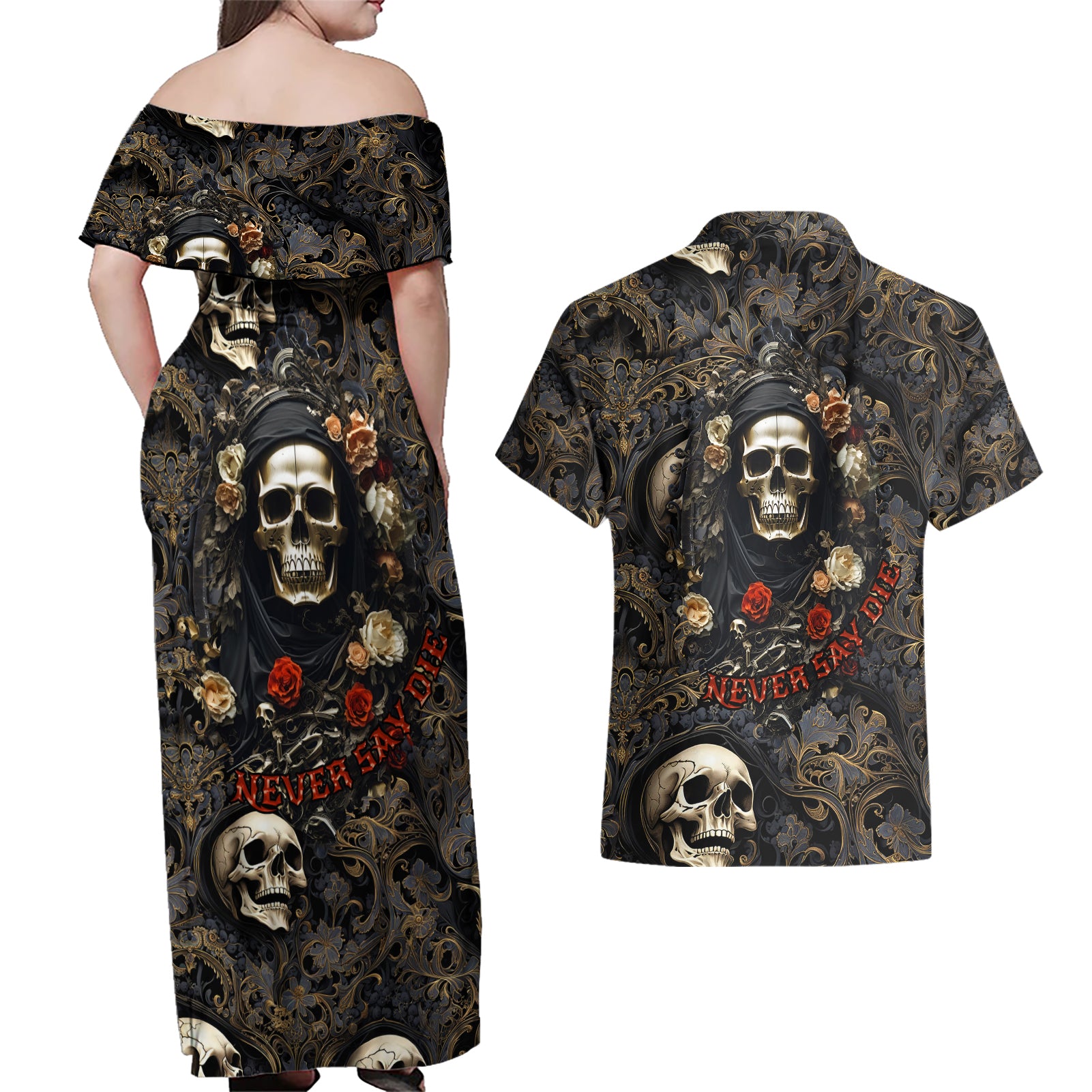 Skull Roses Couples Matching Off Shoulder Maxi Dress and Hawaiian Shirt Never Say Die - Wonder Print Shop