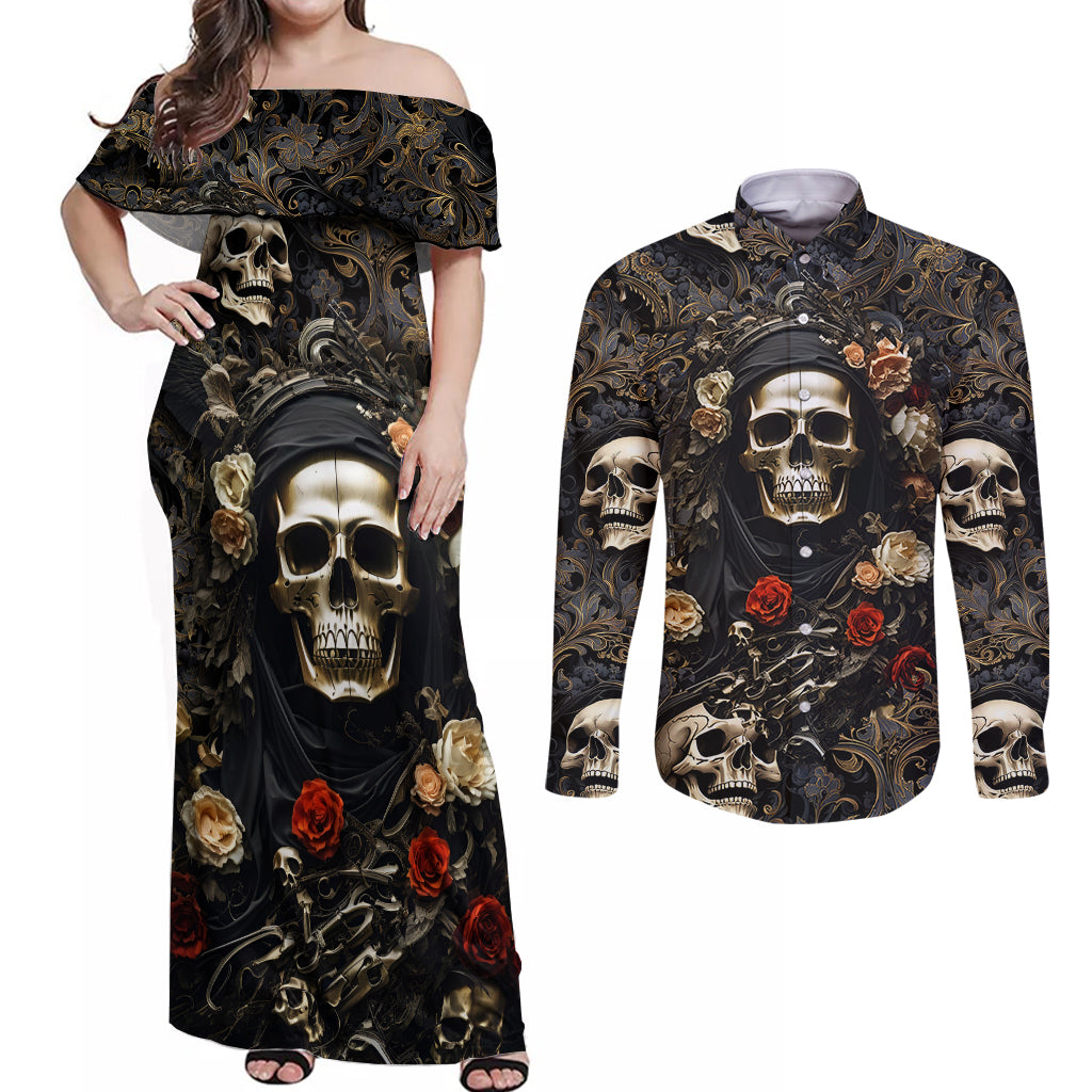 Skull Roses Couples Matching Off Shoulder Maxi Dress and Long Sleeve Button Shirts Never Say Die - Wonder Print Shop