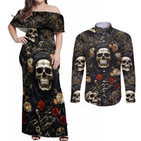 Skull Roses Couples Matching Off Shoulder Maxi Dress and Long Sleeve Button Shirts Never Say Die - Wonder Print Shop