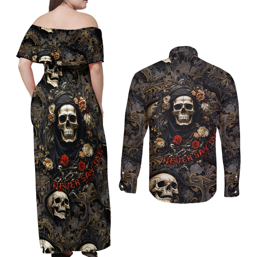 Skull Roses Couples Matching Off Shoulder Maxi Dress and Long Sleeve Button Shirts Never Say Die - Wonder Print Shop
