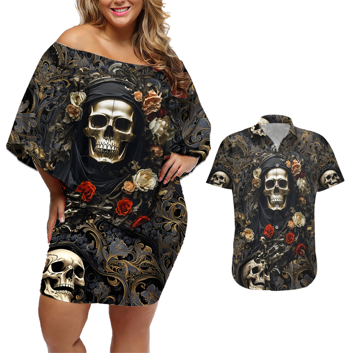 Skull Roses Couples Matching Off Shoulder Short Dress and Hawaiian Shirt Never Say Die - Wonder Print Shop