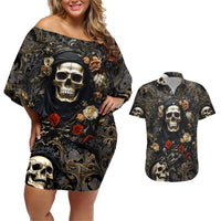 Skull Roses Couples Matching Off Shoulder Short Dress and Hawaiian Shirt Never Say Die - Wonder Print Shop