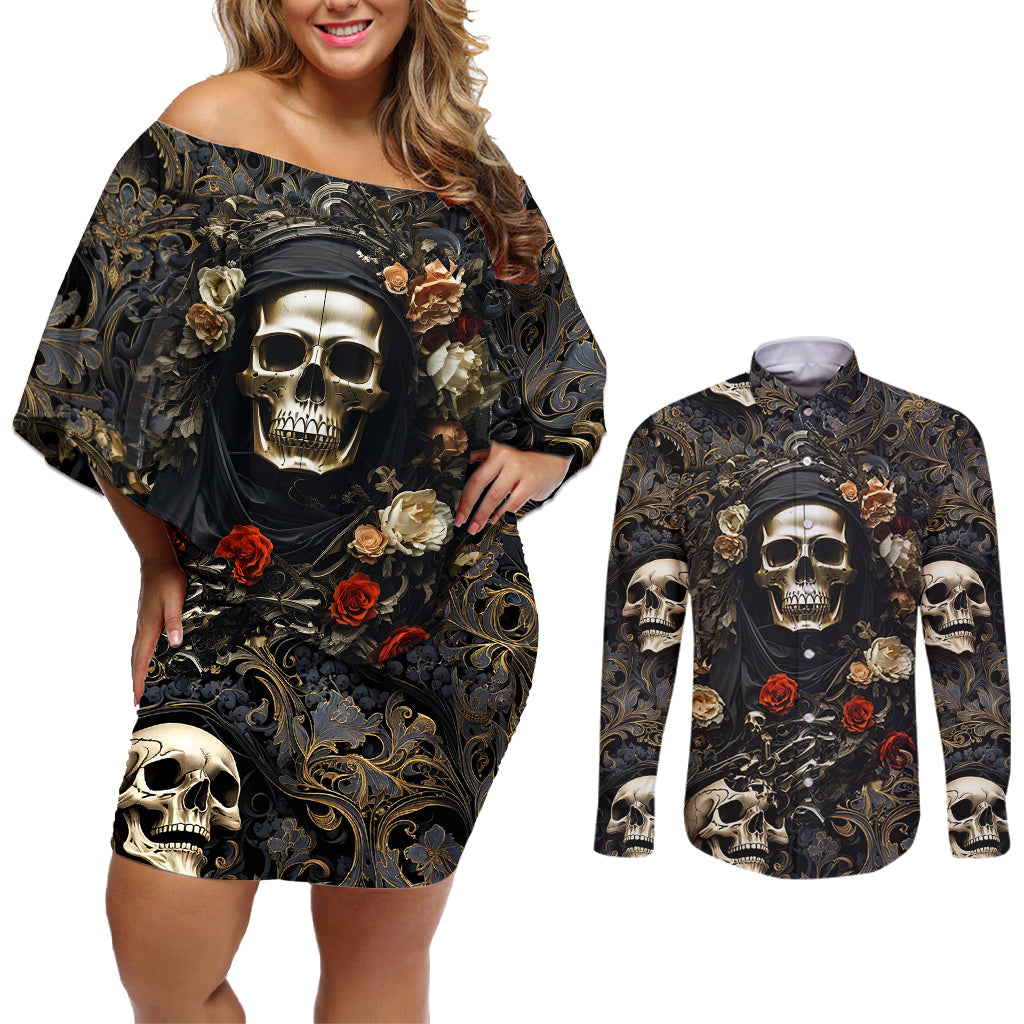 Skull Roses Couples Matching Off Shoulder Short Dress and Long Sleeve Button Shirts Never Say Die - Wonder Print Shop