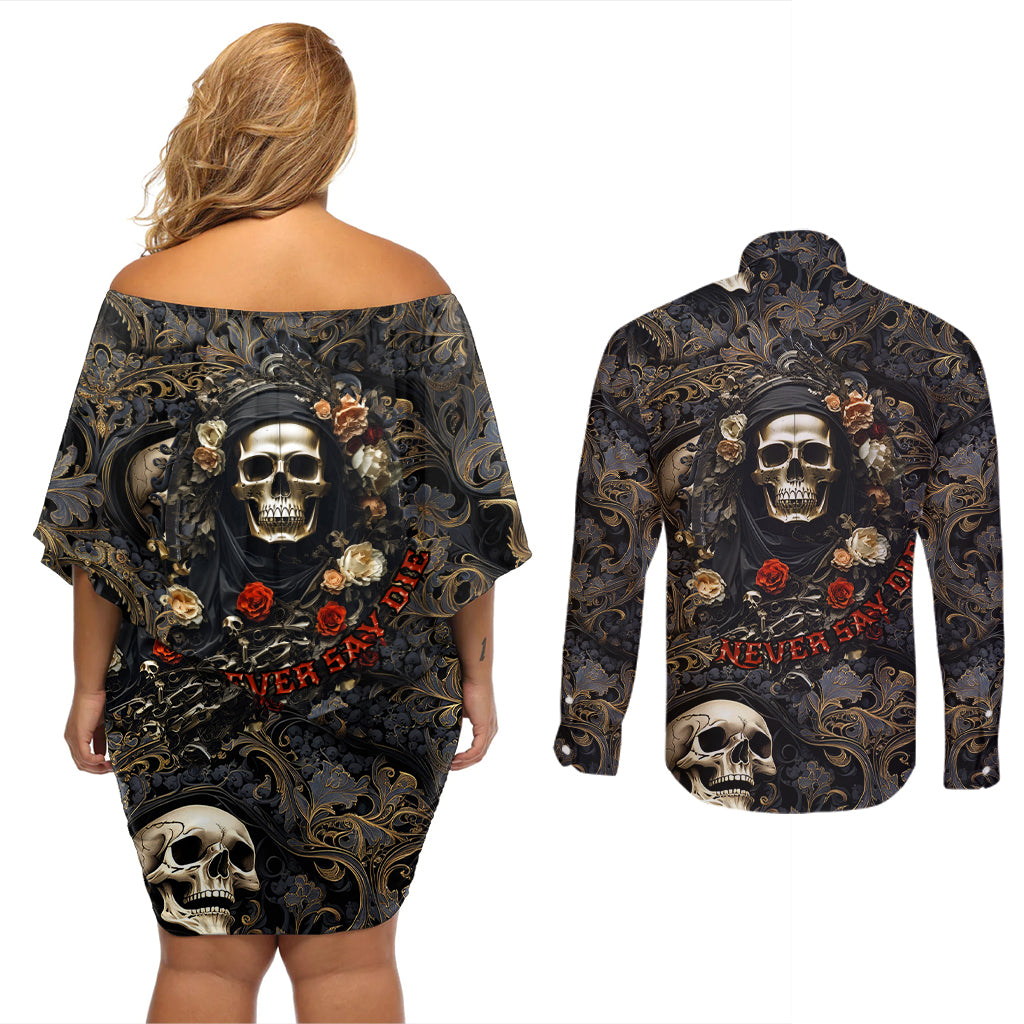 Skull Roses Couples Matching Off Shoulder Short Dress and Long Sleeve Button Shirts Never Say Die - Wonder Print Shop