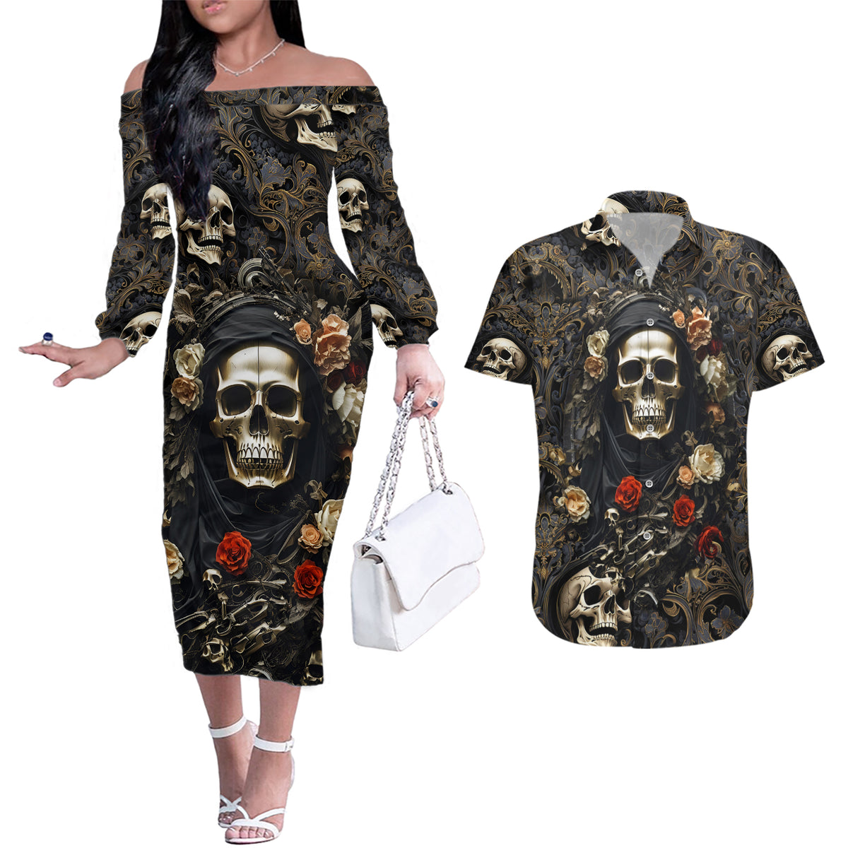 Skull Roses Couples Matching Off The Shoulder Long Sleeve Dress and Hawaiian Shirt Never Say Die - Wonder Print Shop