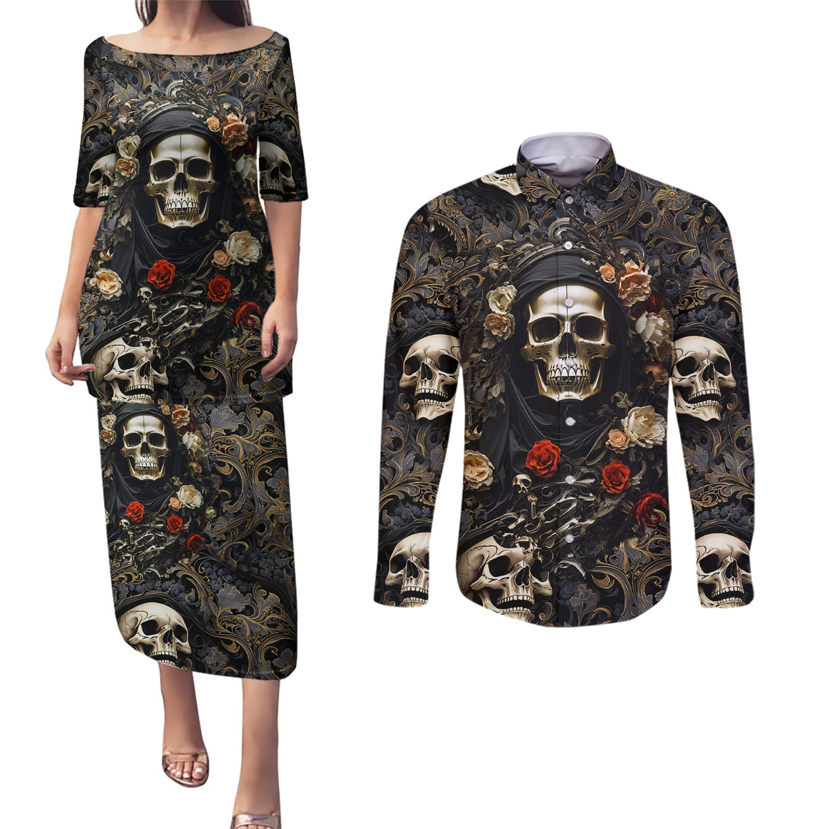 Skull Roses Couples Matching Puletasi Dress and Long Sleeve Button Shirts Never Say Die - Wonder Print Shop