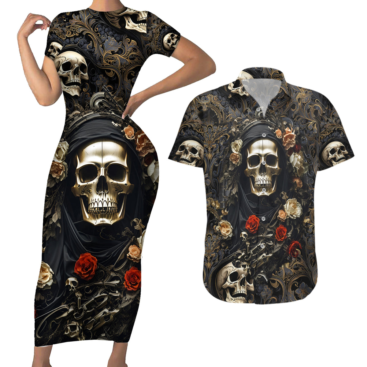 Skull Roses Couples Matching Short Sleeve Bodycon Dress and Hawaiian Shirt Never Say Die - Wonder Print Shop