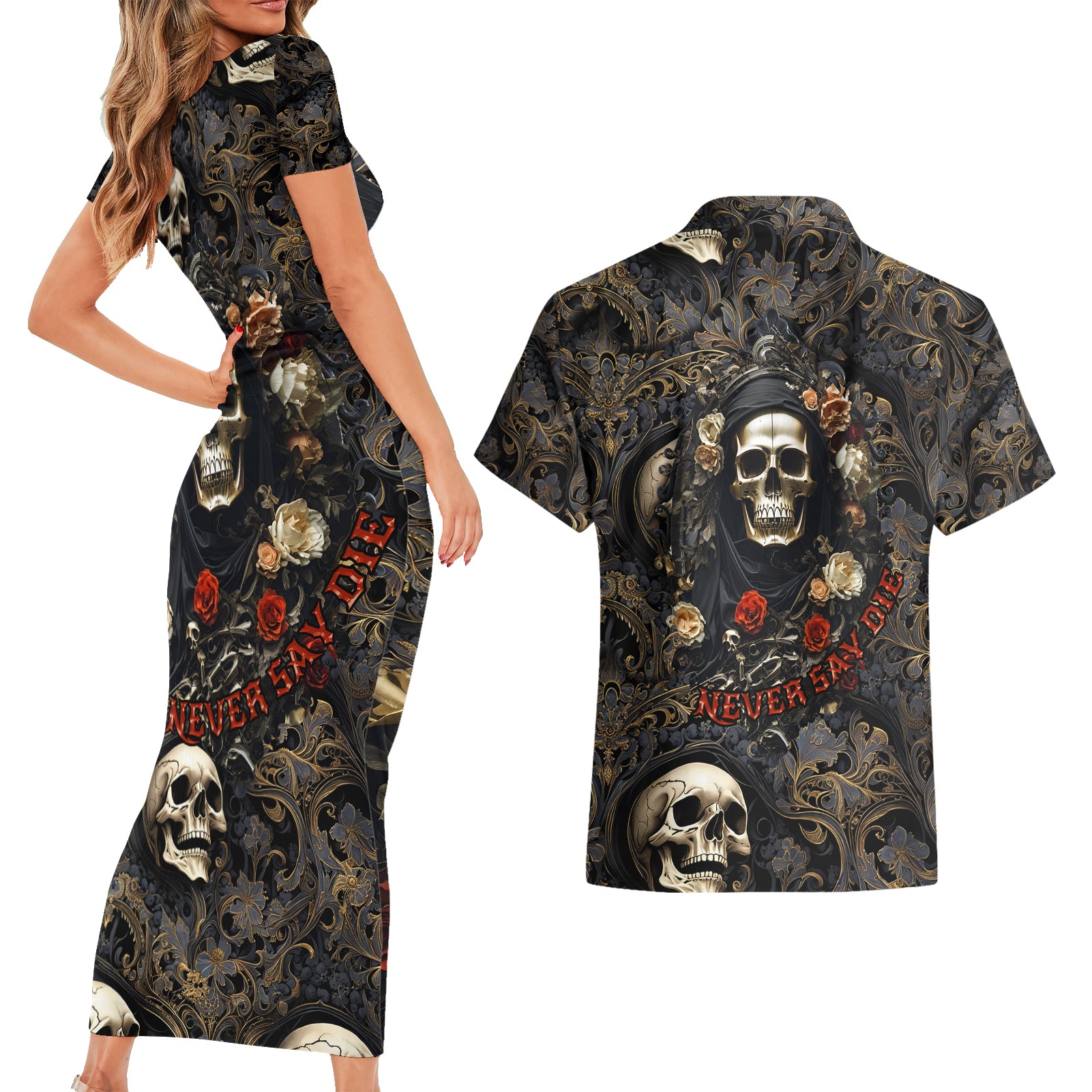 Skull Roses Couples Matching Short Sleeve Bodycon Dress and Hawaiian Shirt Never Say Die - Wonder Print Shop