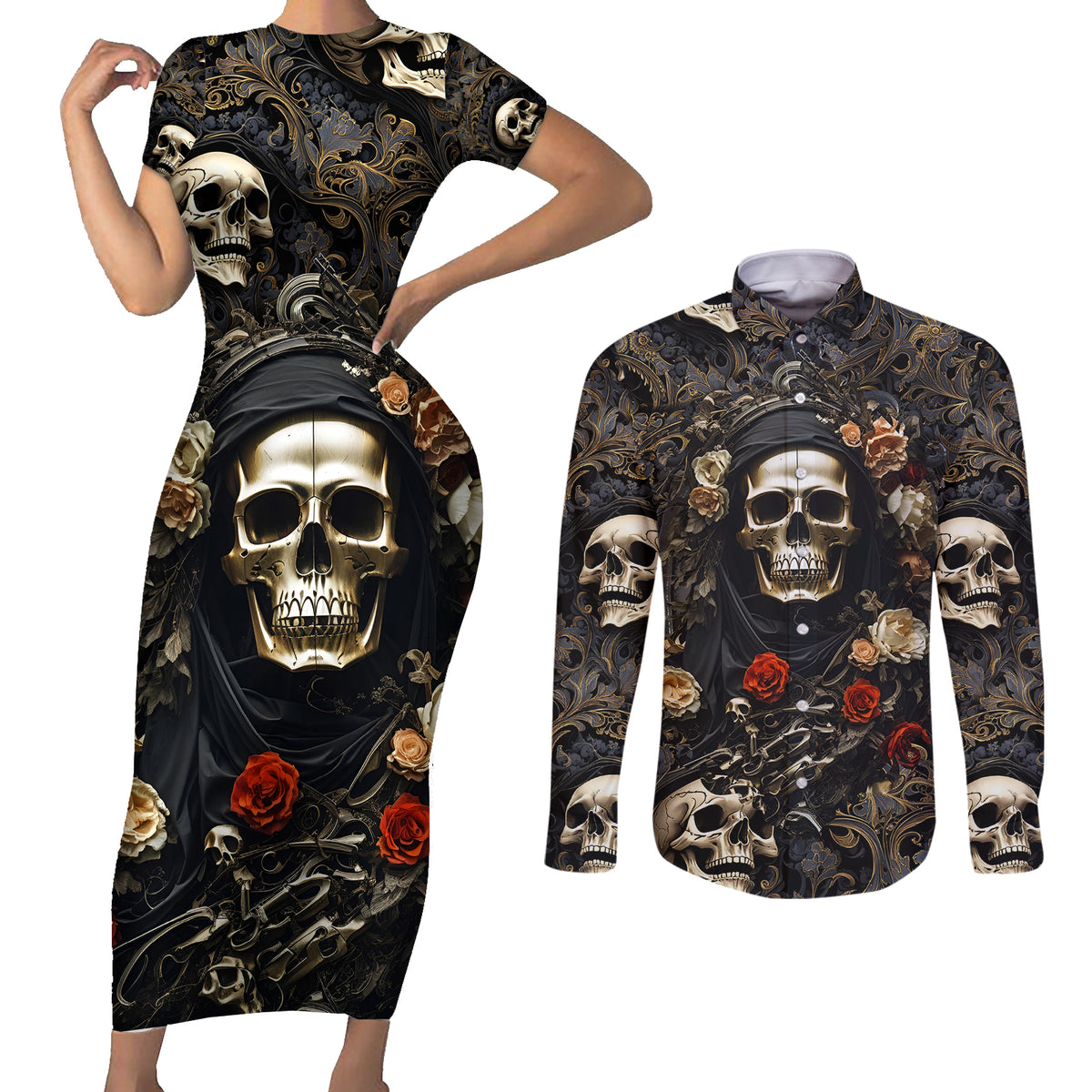 Skull Roses Couples Matching Short Sleeve Bodycon Dress and Long Sleeve Button Shirts Never Say Die - Wonder Print Shop