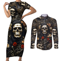 Skull Roses Couples Matching Short Sleeve Bodycon Dress and Long Sleeve Button Shirts Never Say Die - Wonder Print Shop