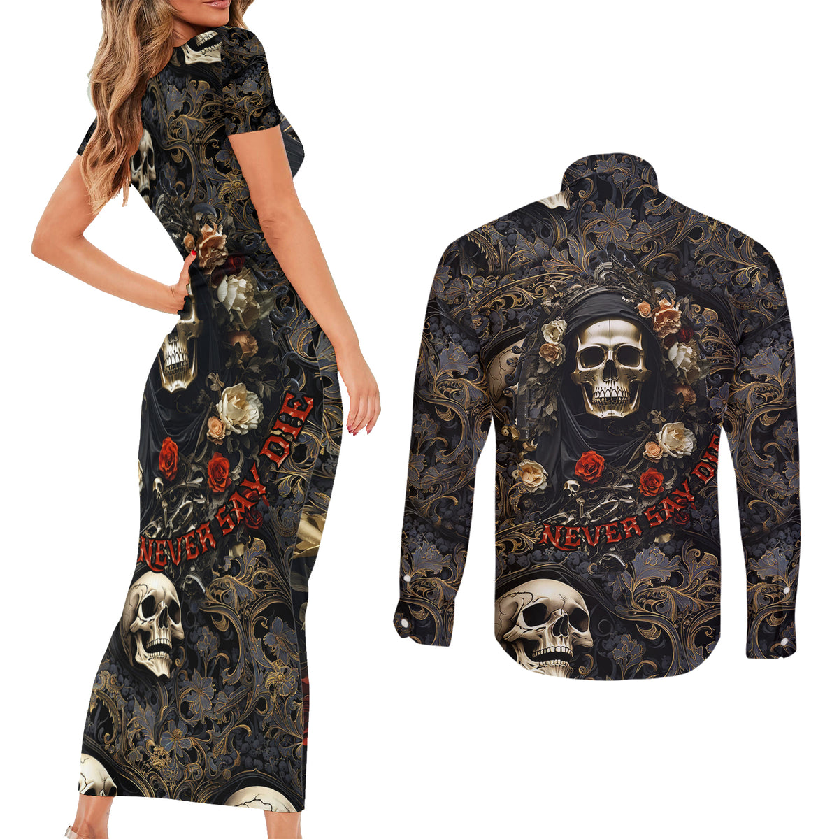 Skull Roses Couples Matching Short Sleeve Bodycon Dress and Long Sleeve Button Shirts Never Say Die - Wonder Print Shop