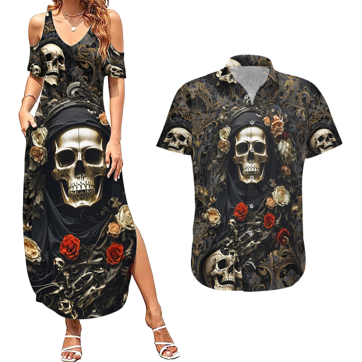 Skull Roses Couples Matching Summer Maxi Dress and Hawaiian Shirt Never Say Die - Wonder Print Shop