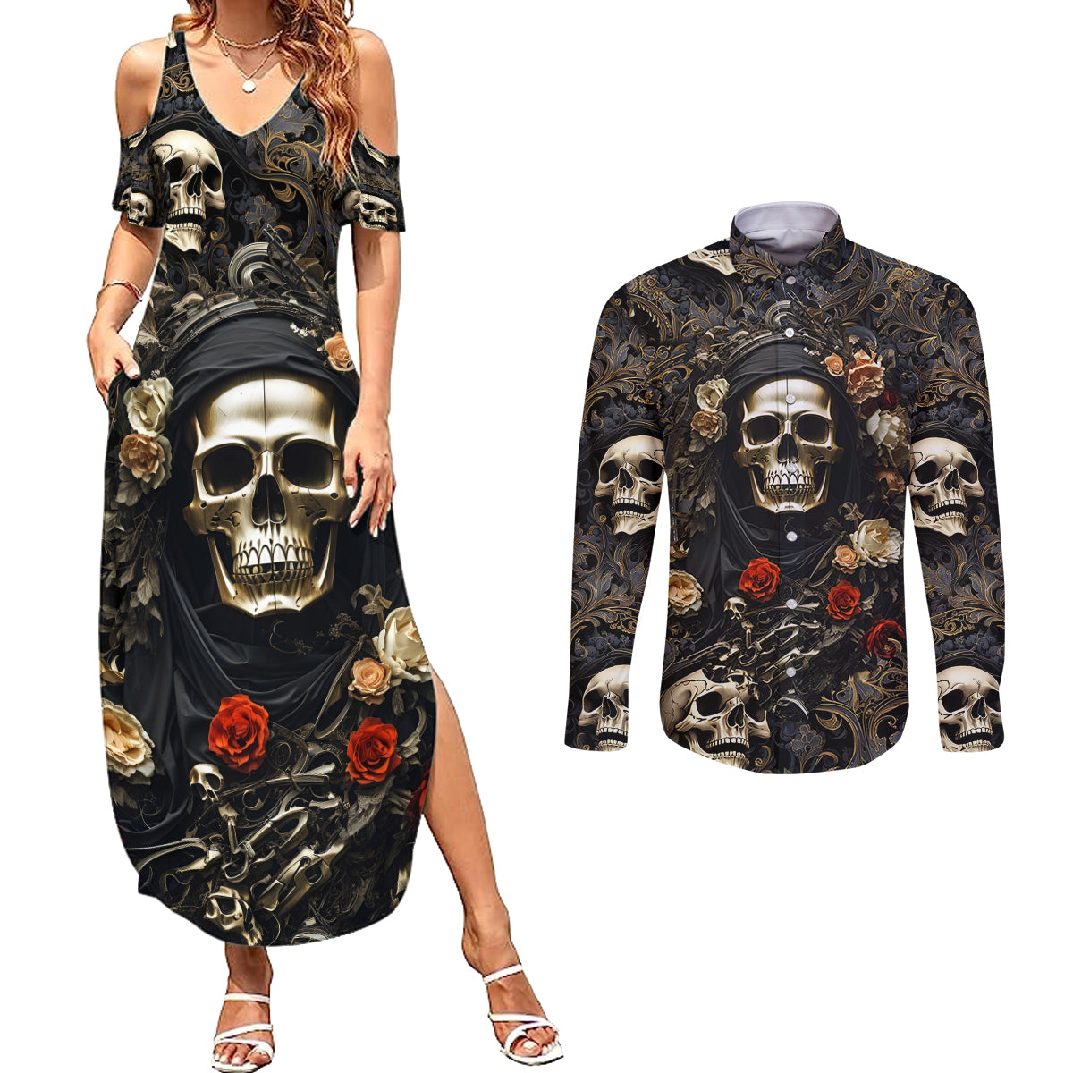 Skull Roses Couples Matching Summer Maxi Dress and Long Sleeve Button Shirts Never Say Die - Wonder Print Shop