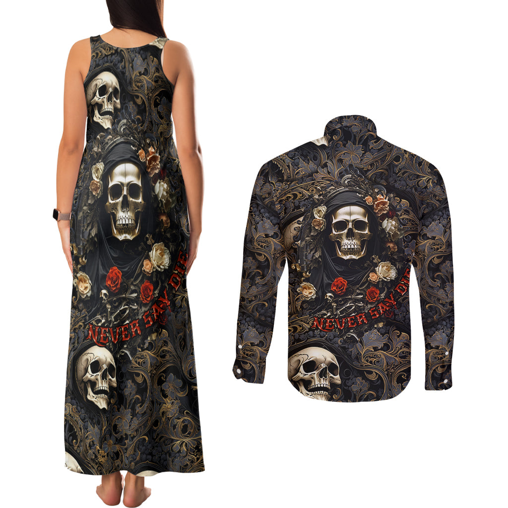 Skull Roses Couples Matching Tank Maxi Dress and Long Sleeve Button Shirts Never Say Die - Wonder Print Shop