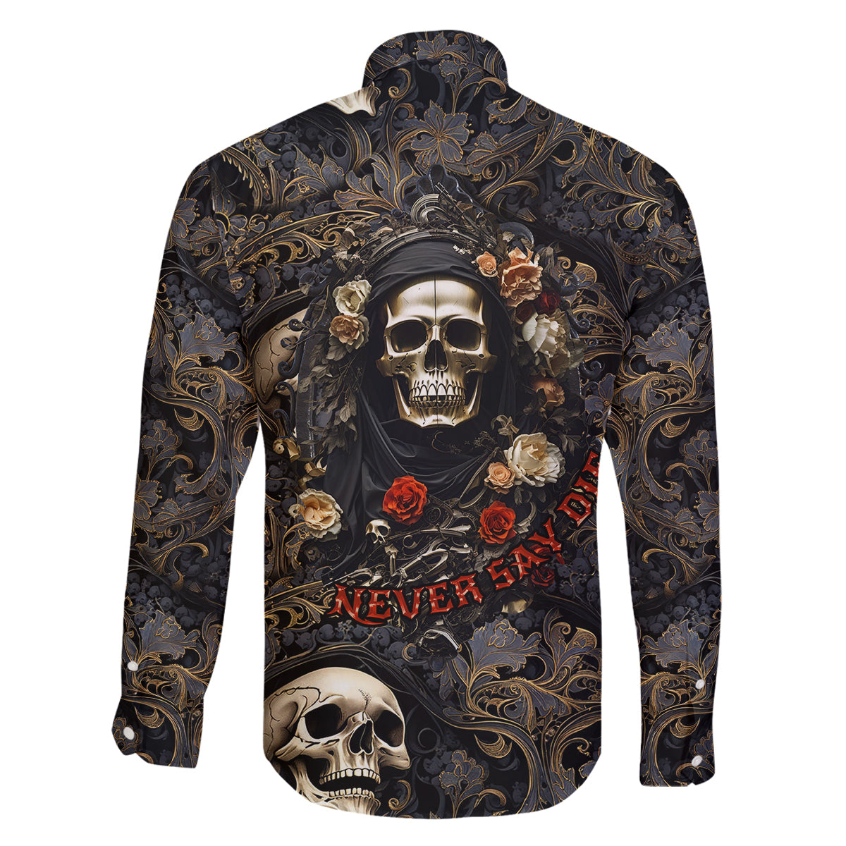 Skull Roses Family Matching Long Sleeve Bodycon Dress and Hawaiian Shirt Never Say Die - Wonder Print Shop