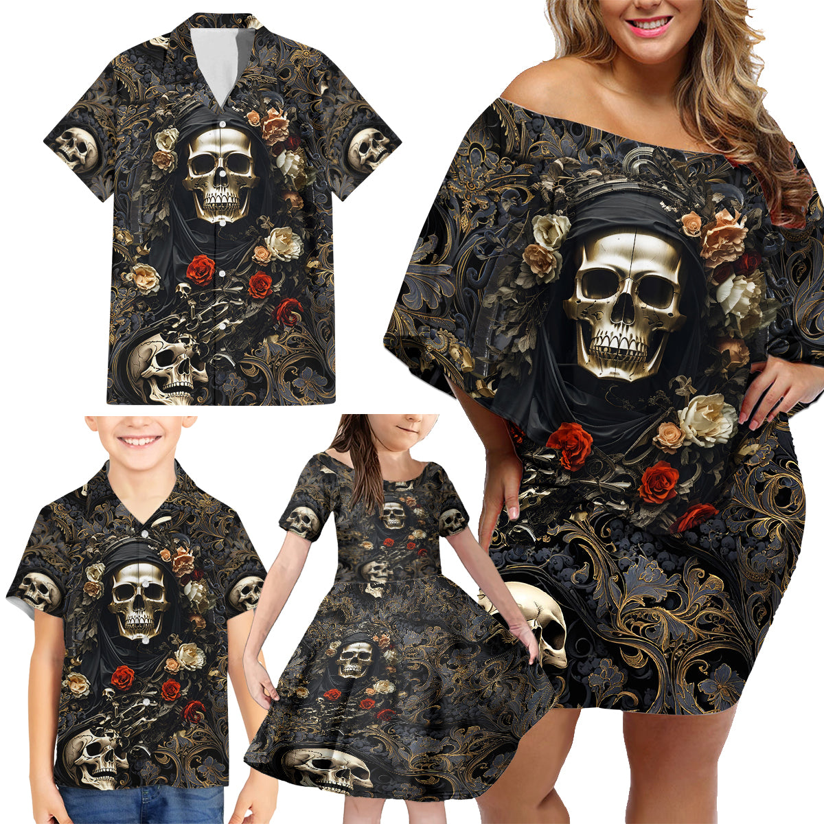 Skull Roses Family Matching Off Shoulder Short Dress and Hawaiian Shirt Never Say Die - Wonder Print Shop