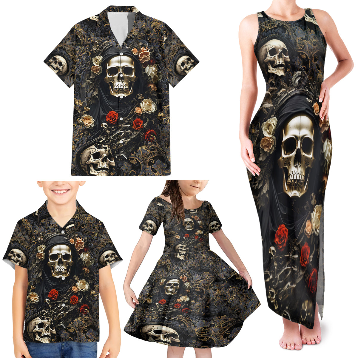 Skull Roses Family Matching Tank Maxi Dress and Hawaiian Shirt Never Say Die - Wonder Print Shop