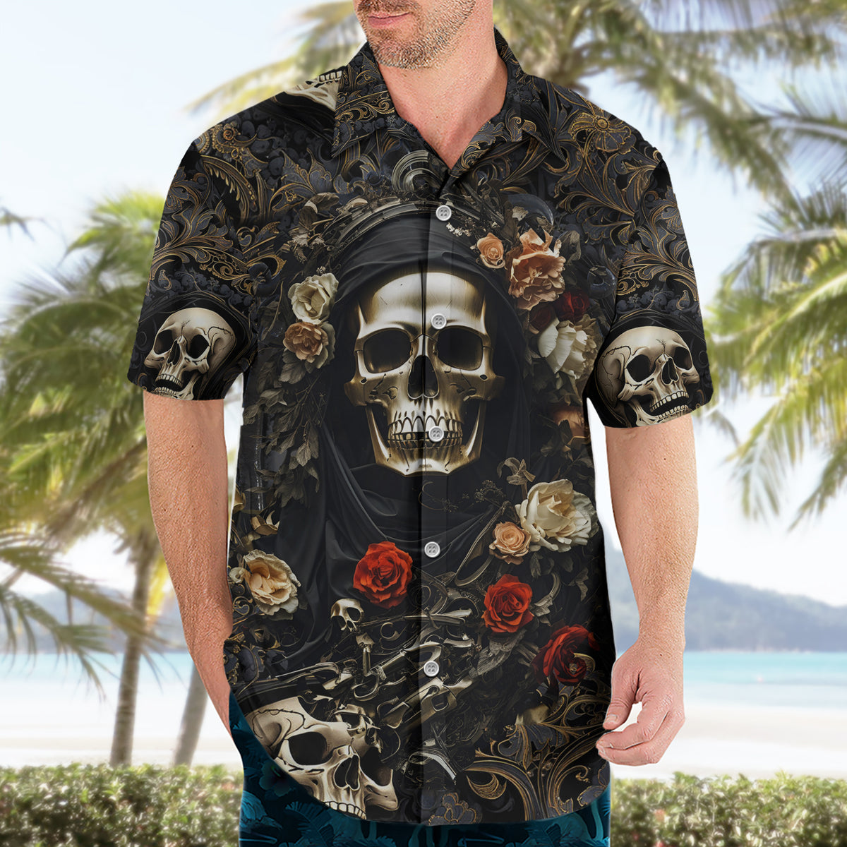 Skull Roses Hawaiian Shirt Never Say Die - Wonder Print Shop