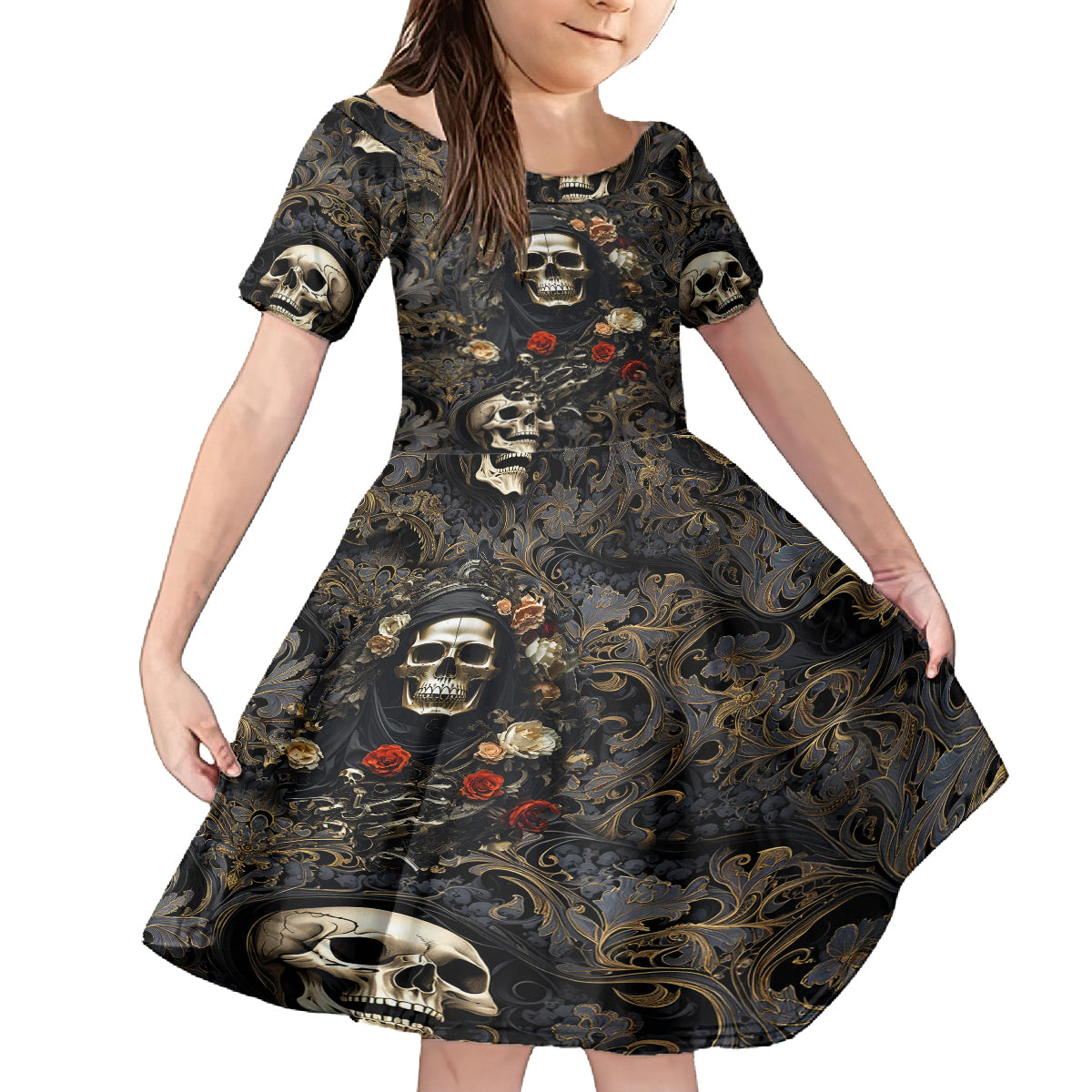 Skull Roses Kid Short Sleeve Dress Never Say Die - Wonder Print Shop