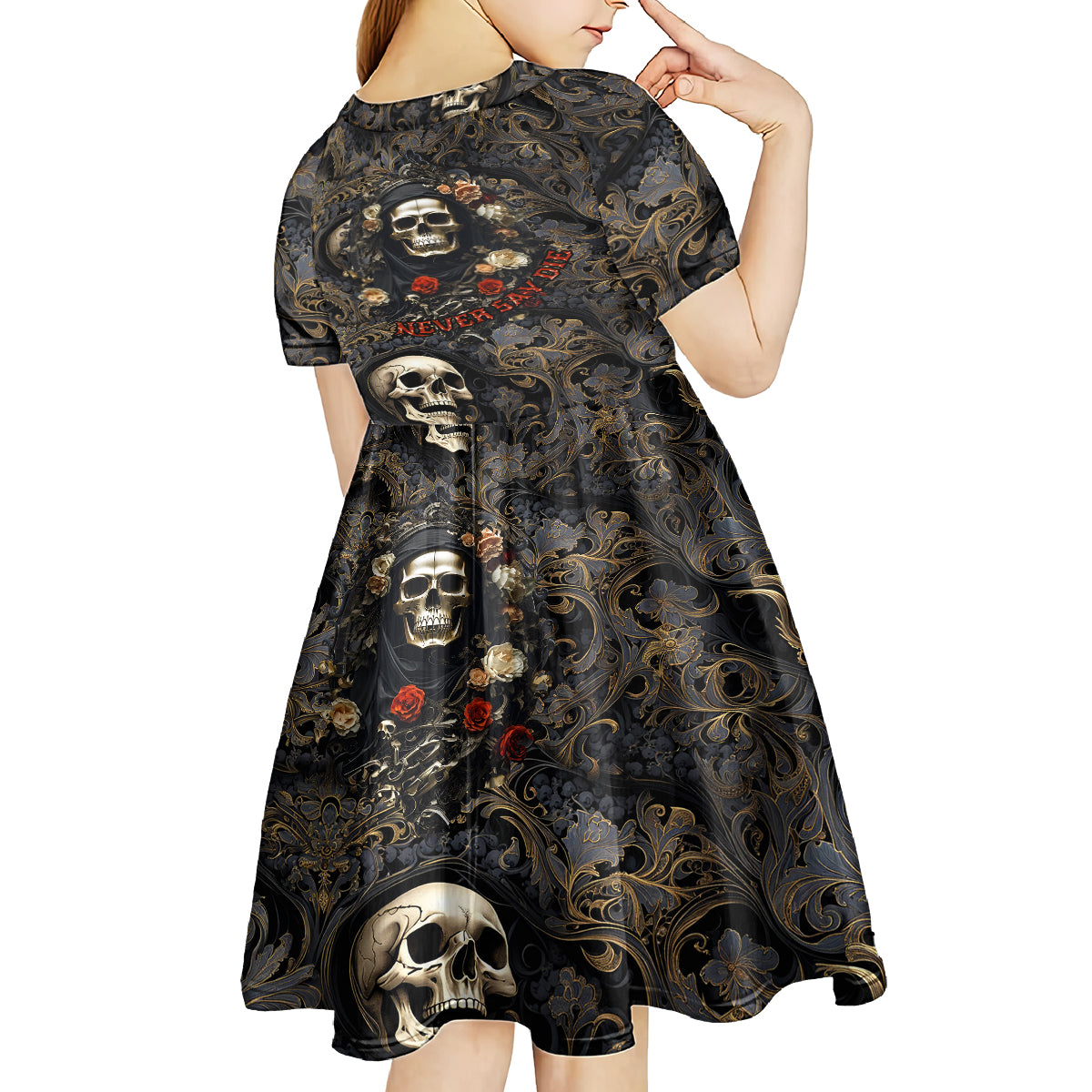Skull Roses Kid Short Sleeve Dress Never Say Die - Wonder Print Shop