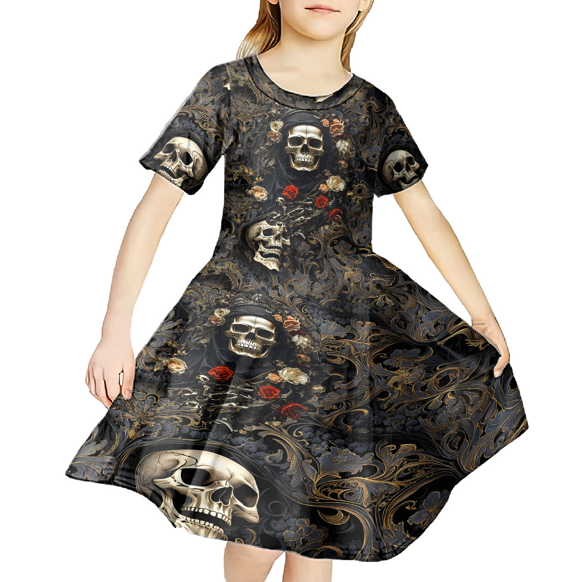 Skull Roses Kid Short Sleeve Dress Never Say Die - Wonder Print Shop