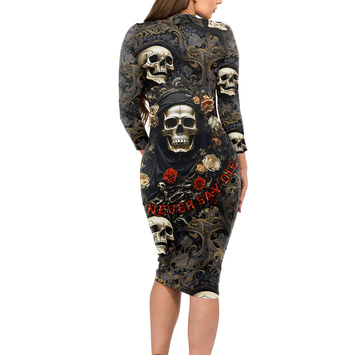 Skull Roses Long Sleeve Bodycon Dress Never Say Die - Wonder Print Shop
