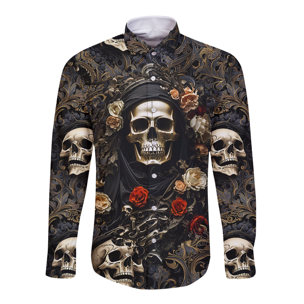 Skull Roses Long Sleeve Button Shirt Never Say Die - Wonder Print Shop