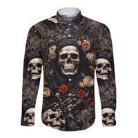 Skull Roses Long Sleeve Button Shirt Never Say Die - Wonder Print Shop