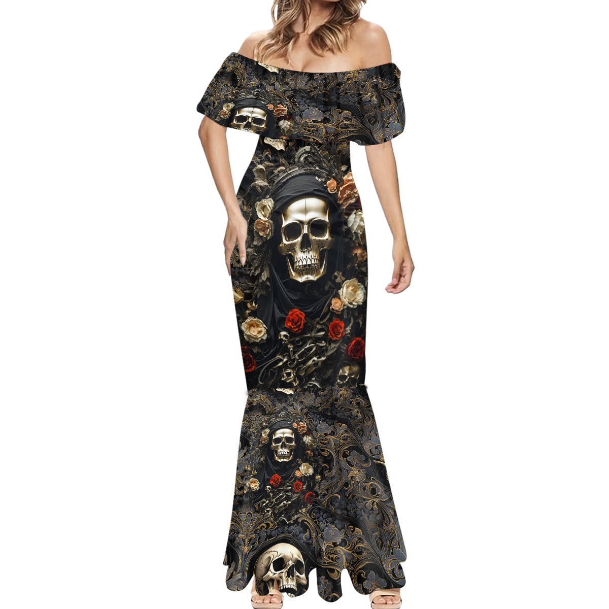 Skull Roses Mermaid Dress Never Say Die - Wonder Print Shop