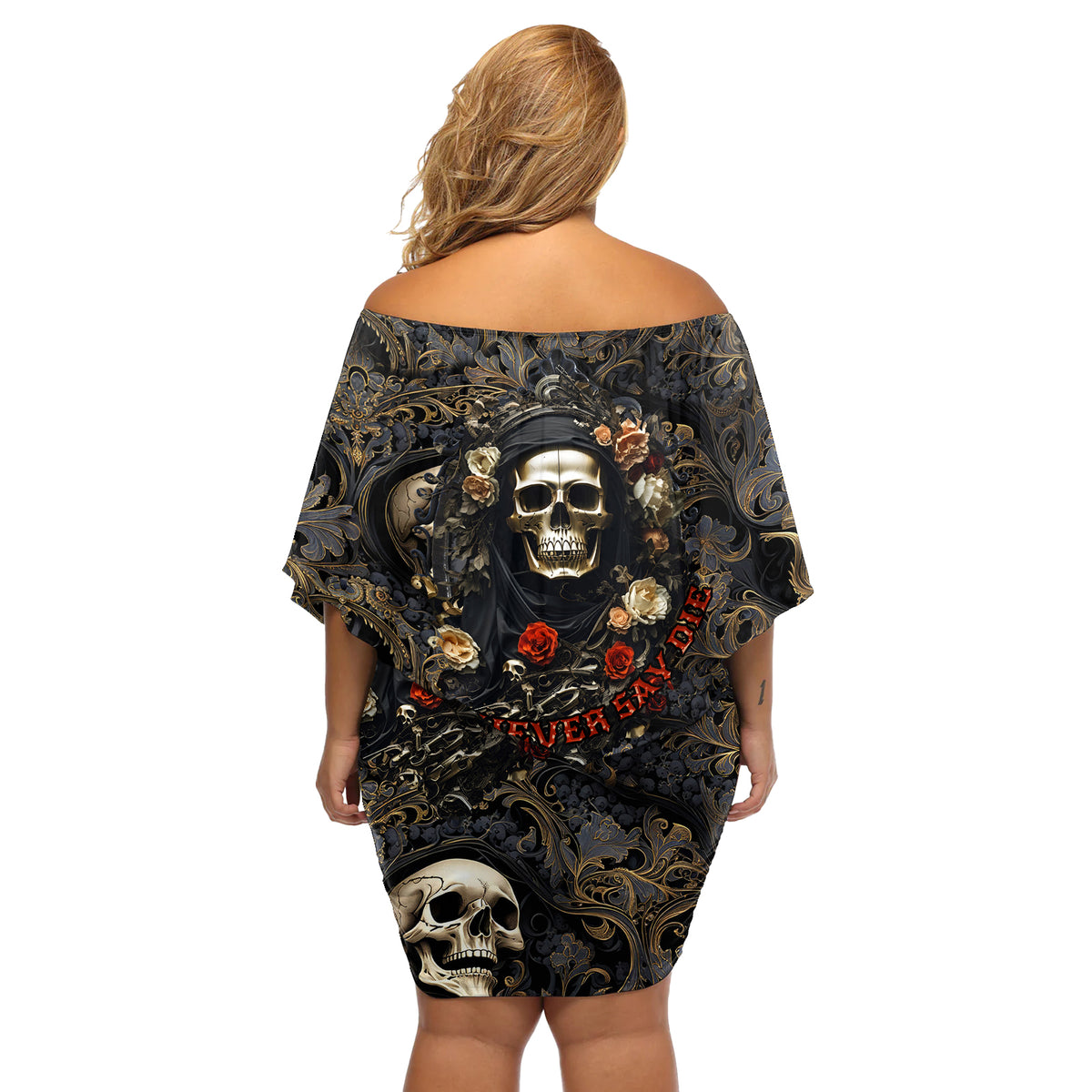 Skull Roses Off Shoulder Short Dress Never Say Die - Wonder Print Shop