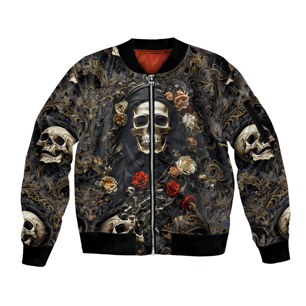 Skull Roses Sleeve Zip Bomber Jacket Never Say Die - Wonder Print Shop