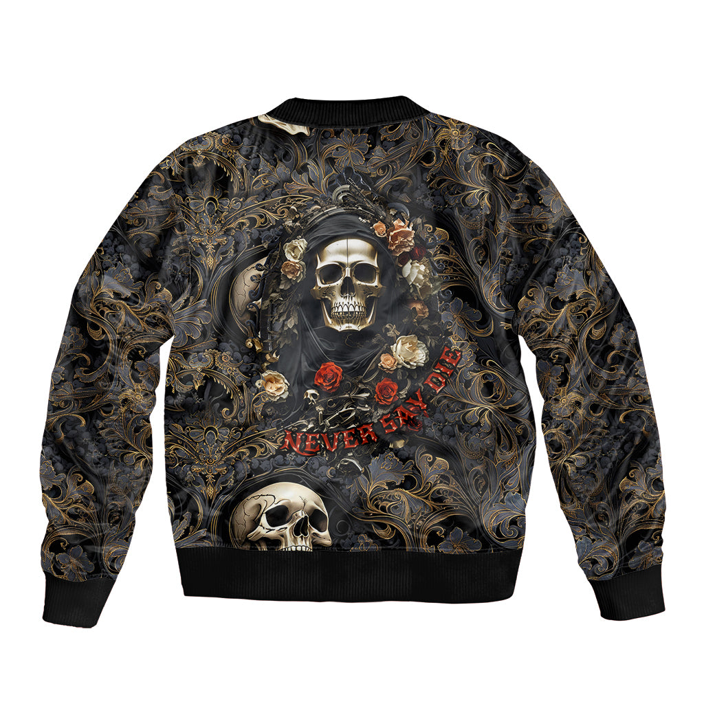 Skull Roses Sleeve Zip Bomber Jacket Never Say Die - Wonder Print Shop