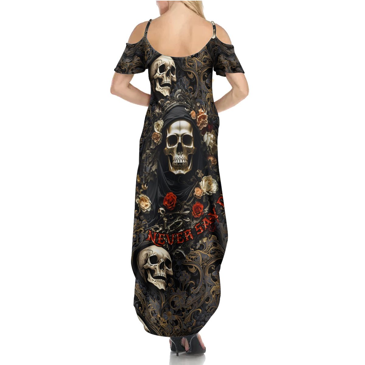 Skull Roses Summer Maxi Dress Never Say Die - Wonder Print Shop