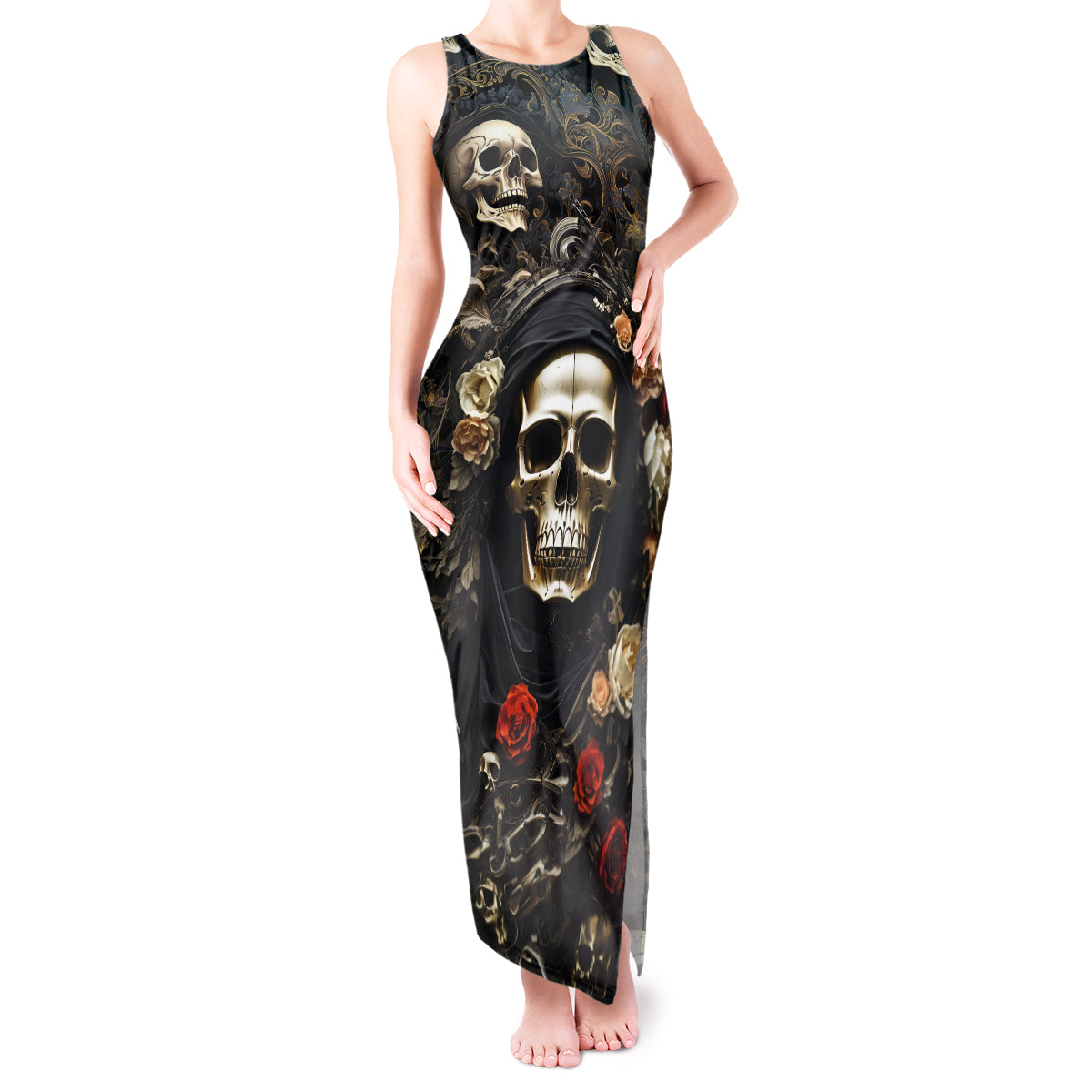 Skull Roses Tank Maxi Dress Never Say Die - Wonder Print Shop
