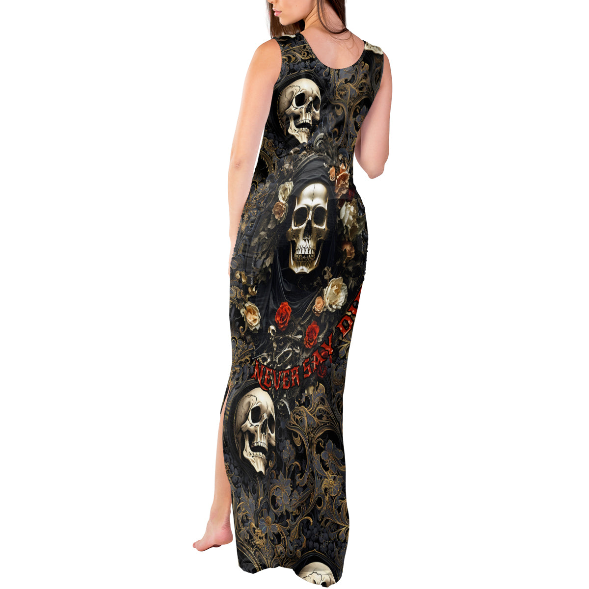 Skull Roses Tank Maxi Dress Never Say Die - Wonder Print Shop